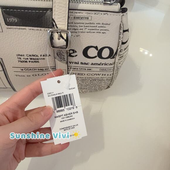 NWT Coach Asher Shoulder Bag With Newspaper Print CDC11 pebbled leather/Chalk - Picture 5 of 7